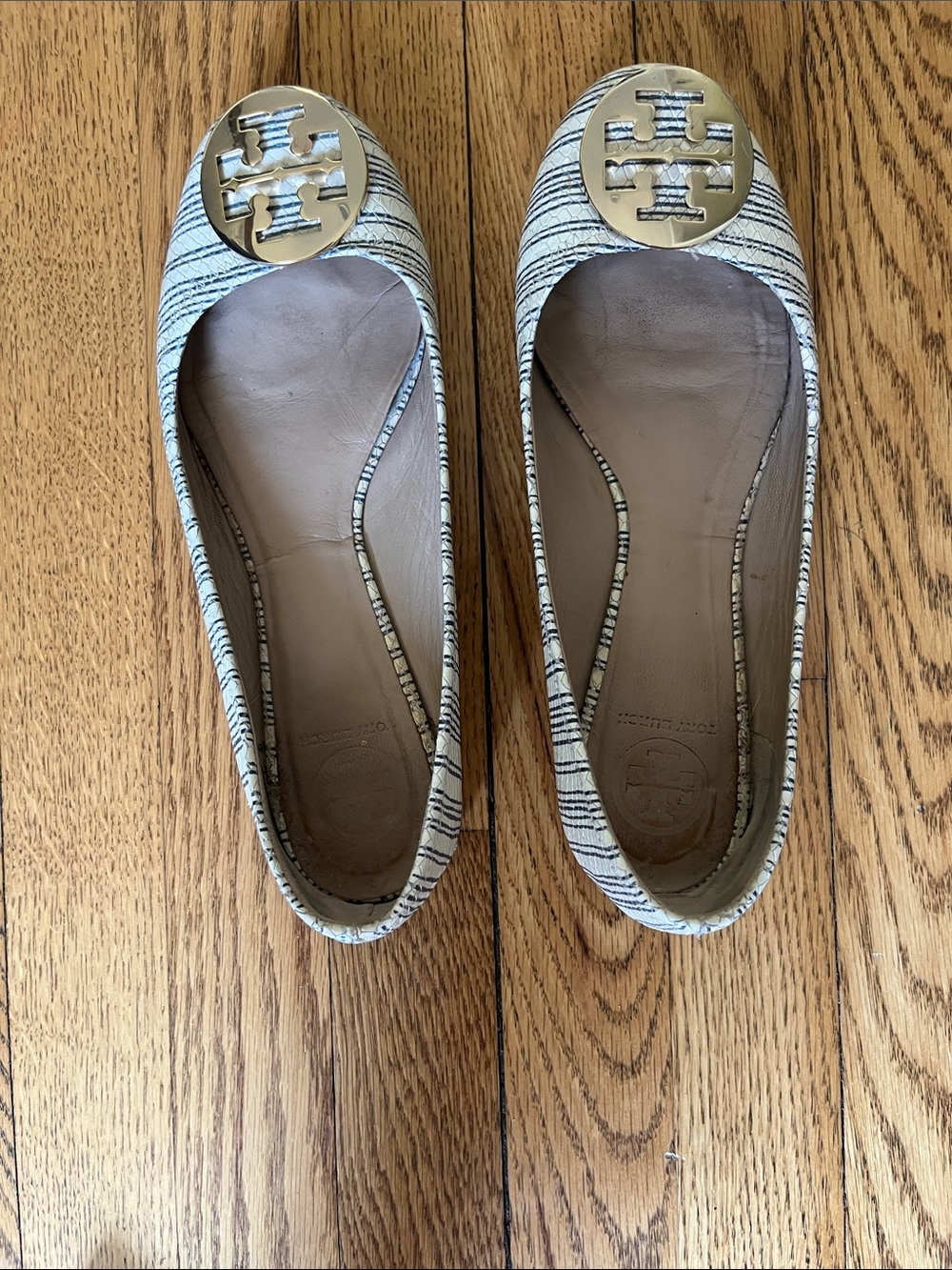 Tory Burch Cream and Navy Striped Logo Circle Toe Flats